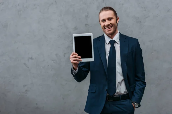 Young Smiling Businessman Showing Digital Tablet Camera — Stock Photo, Image