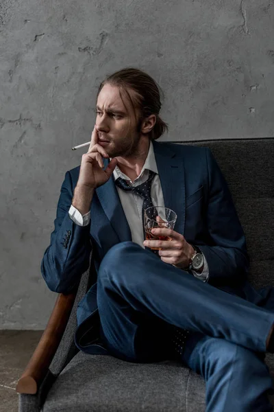 Young Alcohol Addicted Businessman Glass Whiskey Smoking Cigarette — Stock Photo, Image