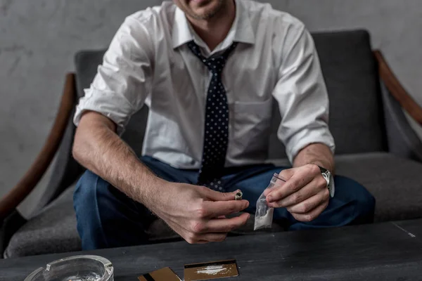 Cropped Shot Businessman Drug Addiction Holding Pack Cocaine — Stock Photo, Image