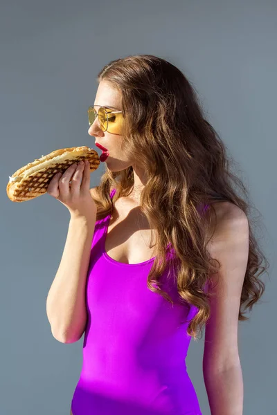 Sexy Attractive Girl Ultra Violet Swimsuit Eating Hot Dog Isolated — Stock Photo, Image