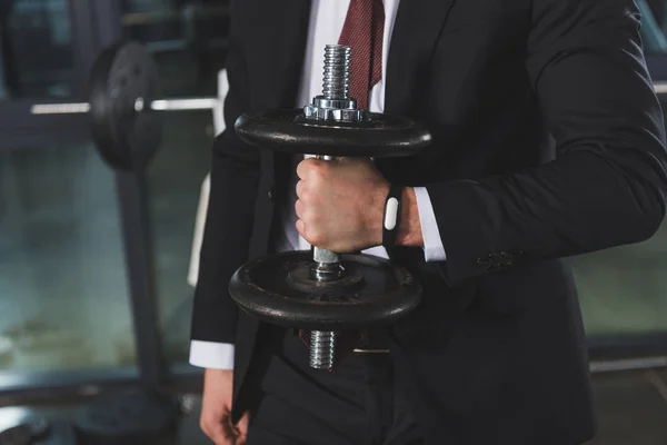 Cropped View Businessman Suit Fitness Tracker Holding Dumbbell Sports Center — Stock Photo, Image