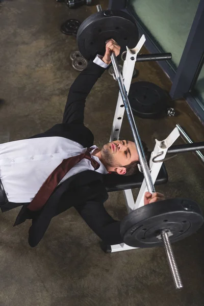 Handsome Businessman Suit Training Barbell Gym — Stock Photo, Image