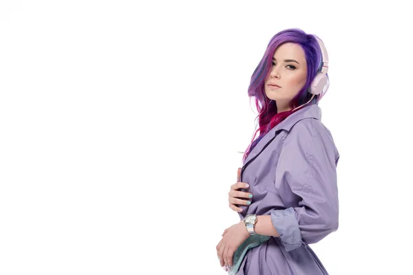 Attractive Young Woman Purple Trench Coat Headphones Isolated White — Stock Photo, Image