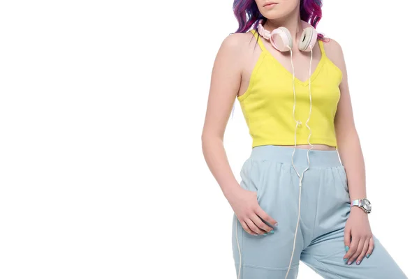 Cropped Shot Woman Headphones Hanging Neck Isolated White — Free Stock Photo