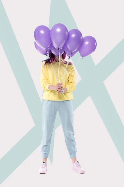 Woman Holding Bunch Helium Balloons Creative Background — Stock Photo, Image