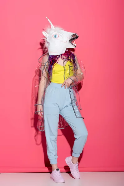 Stylish Woman Fashionable Transparent Raincoat Unicorn Mask Red — Stock Photo, Image