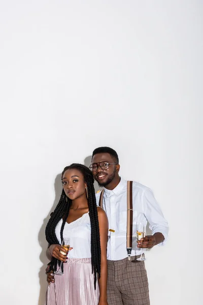 Stylish Young African American Couple Holding Glass Champagne Smiling Camera — Stock Photo, Image