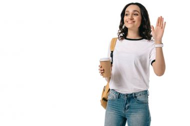 Afro-Amerikan teen öğrenci sallanan el beyaz izole gülümseyen