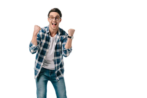 Homem Feliz Mostrando Sim Sinal Isolado Branco — Fotografia de Stock