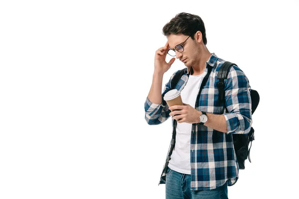 Pensive Handsome Student Holding Coffee Paper Cup Isolated White — Stock Photo, Image