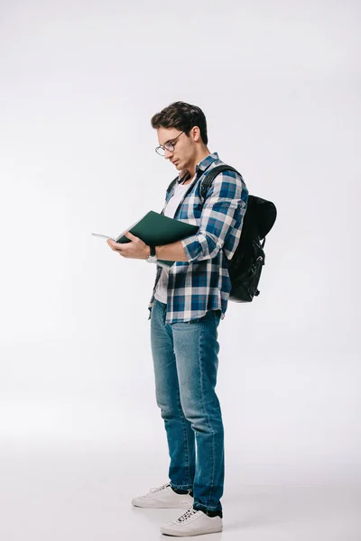 Handsome Student Reading Copybook Isolated White — Stock Photo, Image