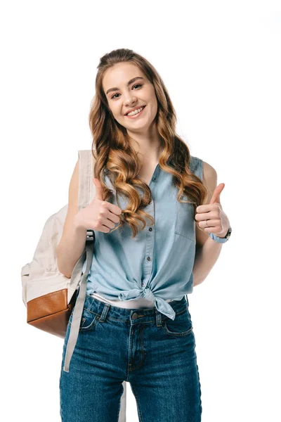 Sonriente Hermosa Estudiante Mostrando Pulgares Hacia Arriba Aislado Blanco —  Fotos de Stock