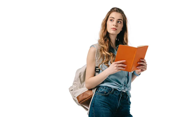 Bela Estudante Segurando Livro Aberto Olhando Para Longe Isolado Branco — Fotografia de Stock