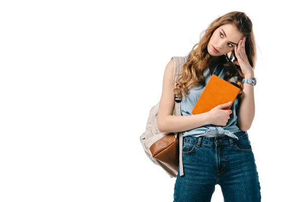 Bela Estudante Cansado Com Livro Isolado Branco — Fotografia de Stock