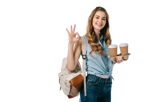 Beautiful Student Showing Okay Gesture Holding Coffee Isolated White — Free Stock Photo