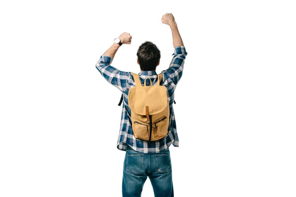 Rear View Student Jumping Backpack Isolated White — Stock Photo, Image
