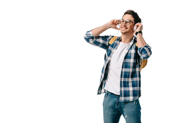 Sonriente Estudiante Guapo Escuchando Música Aislada Blanco —  Fotos de Stock