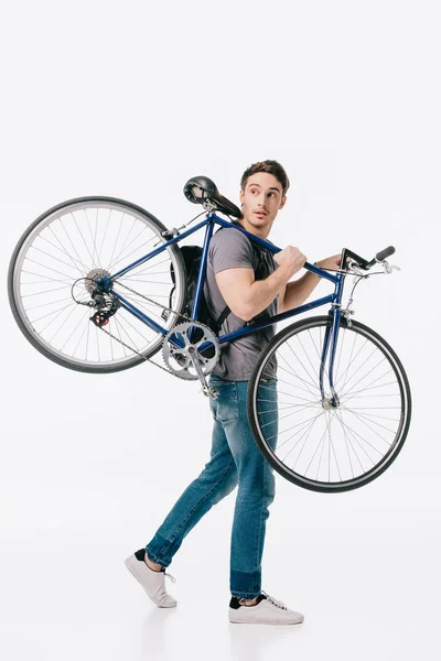 Bello Studente Tenendo Bicicletta Sulla Spalla Isolato Bianco — Foto Stock