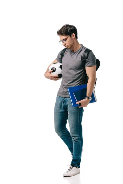 Triste Bello Studente Tenendo Palla Calcio Isolato Bianco — Foto Stock