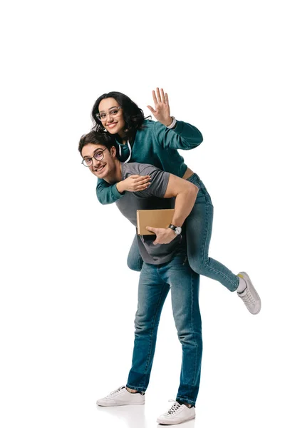 Caucasian Boyfriend Giving Piggyback African American Girlfriend She Waving Hand — Stock Photo, Image