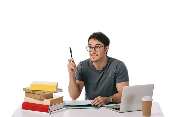 Guapo Estudiante Mostrando Idea Gesto Con Pluma Aislado Blanco — Foto de stock gratuita