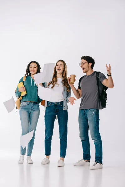 Happy Multicultural Students Looking Falling Paper White — Stock Photo, Image