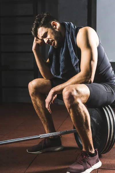 Frustrated Young Sportsman Sitting Barbell Gym — Stock Photo, Image