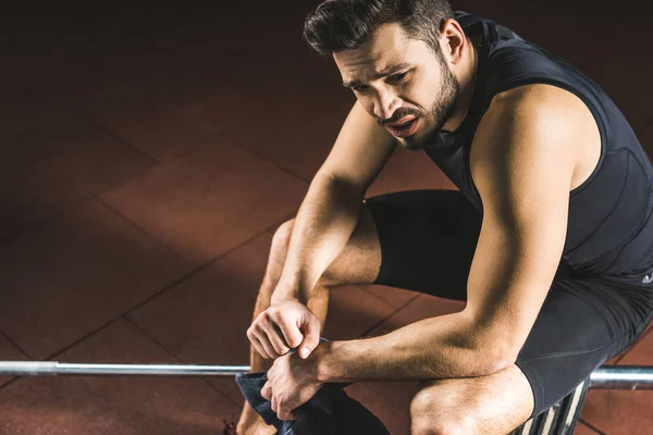 Tired Young Sportsman Sitting Barbell Gym — Stock Photo, Image