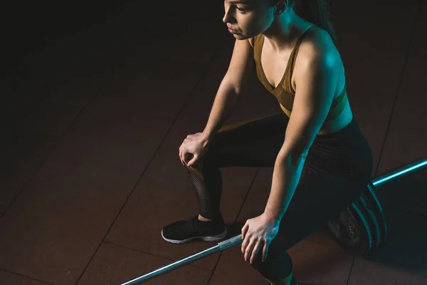 Cropped Image Young Sportswoman Sitting Barbell Gym — Stock Photo, Image