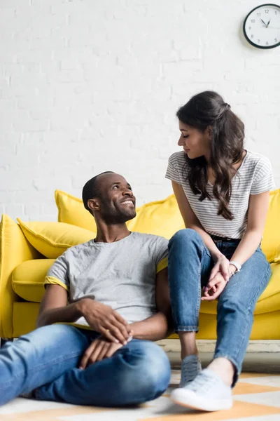 Young African American Couple Spending Time Together Living Room — Stock Photo, Image