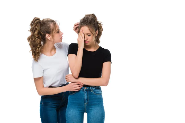 Attractive Young Twin Comforting Sad Sister Isolated White — Stock Photo, Image