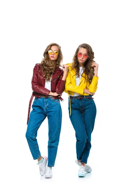 Attractive Stylish Twins Leather Jackets Sunglasses Looking Camera Isolated White — Stock Photo, Image