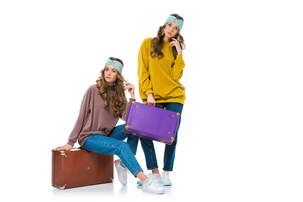 Attractive Retro Styled Twins Travel Suitcases Isolated White — Stock Photo, Image