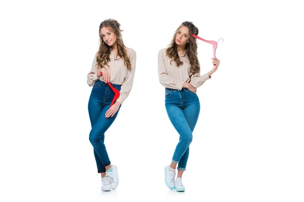 Attractive Happy Bored Twins Hangers Isolated White Shopping Concept — Stock Photo, Image