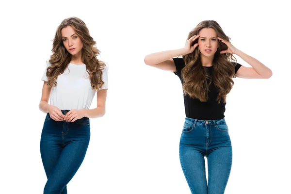 Confident and exhausted twins looking at camera isolated on white — Stock Image Confident Exhausted Twins Looking Camera Isolated White Royalty Free Stock Photos