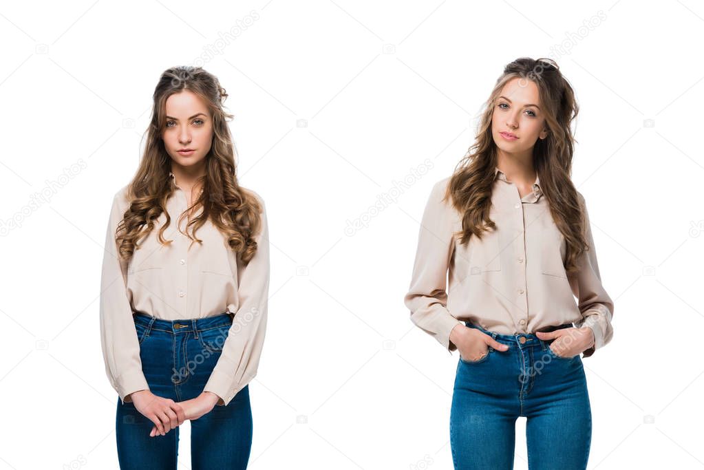 twins in trendy shirts and jeans looking at camera isolated on white