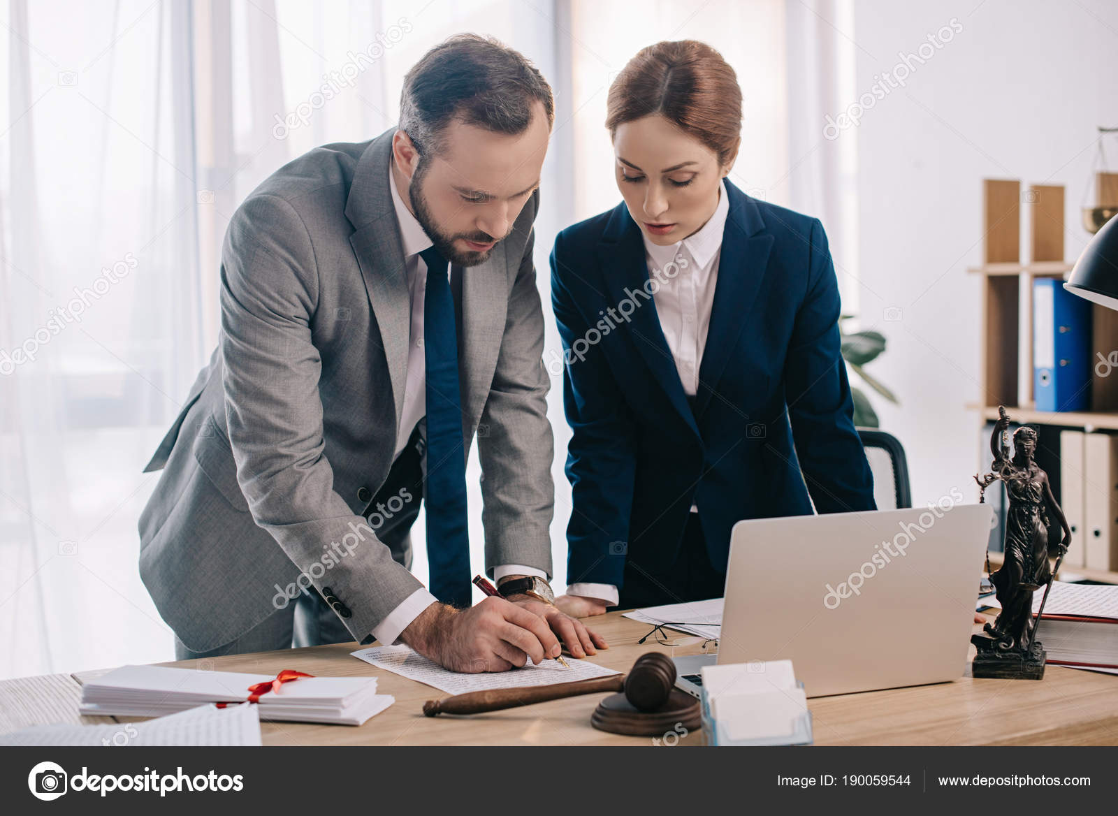 Lawyers Suits Working Together Project Workplace Gavel Laptop Office
