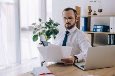 İşyerinde Office belgeleriyle odaklı avukat portresi