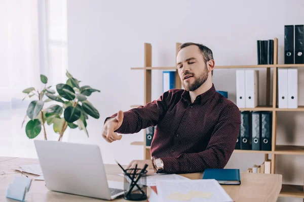 Porträtt Affärsmannen Pekar Laptop Skärmen Arbetsplatsen Office — Gratis stockfoto