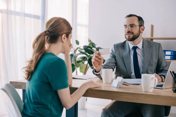 Businessman Showing Blank Card Client Meeting Office — Stock Photo, Image