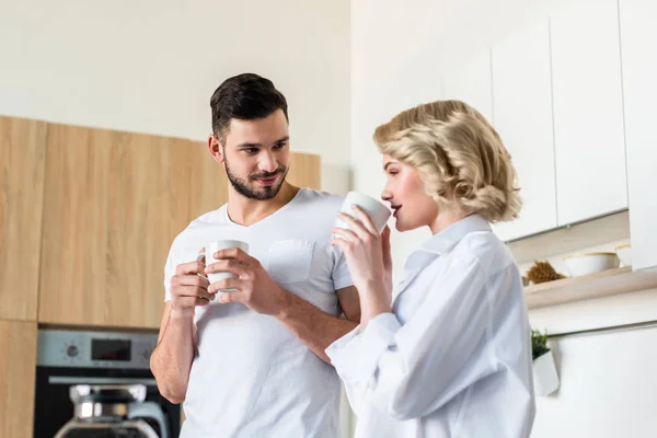 Beautiful Young Couple Love Drinking Coffee Together Morning — Stock Photo, Image