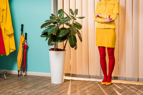 partial view of retro styled woman standing at ficus plant in flowerpot at colorful apartment, doll house concept