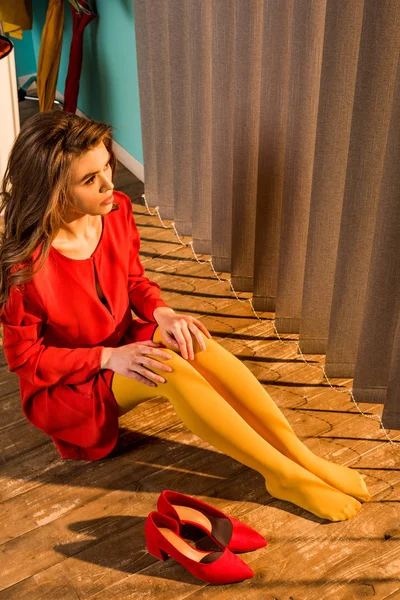 High Angle View Retro Styled Woman Red Dress Sitting Floor — Stock Photo, Image