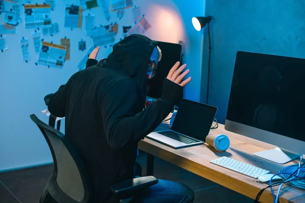 Arrested Hacker Raised Hands Front Workplace — Stock Photo, Image
