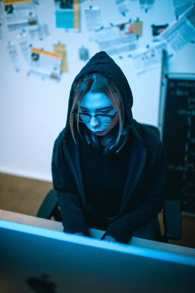 High Angle View Young Female Hacker Developing Malware Blue Light — Stok Foto