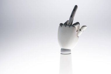 robot hand showing middle finger isolated on grey clipart