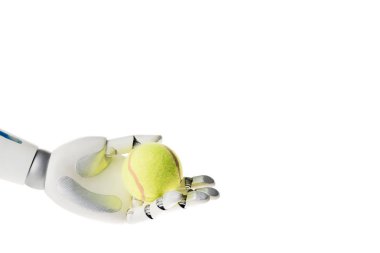 robot el beyaz izole sarı tenis topu tutarak