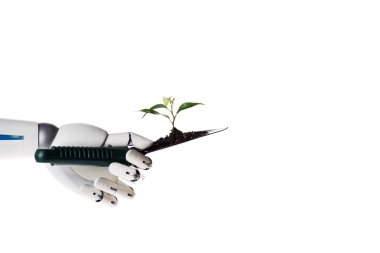 robot el Bahçe tutarak kürek toprak ve yeşil bitki üzerinde beyaz izole