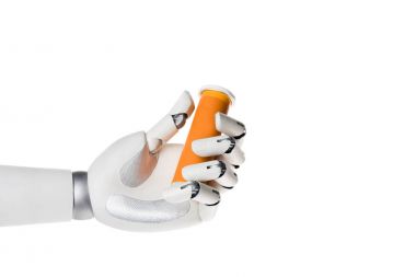 robot hand holding bottle of pills isolated on white clipart