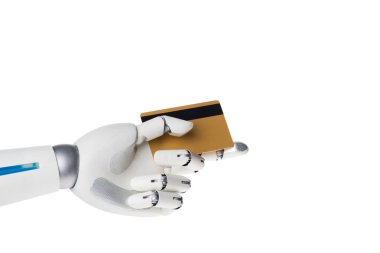 robot hand holding credit card for payment isolated on white clipart